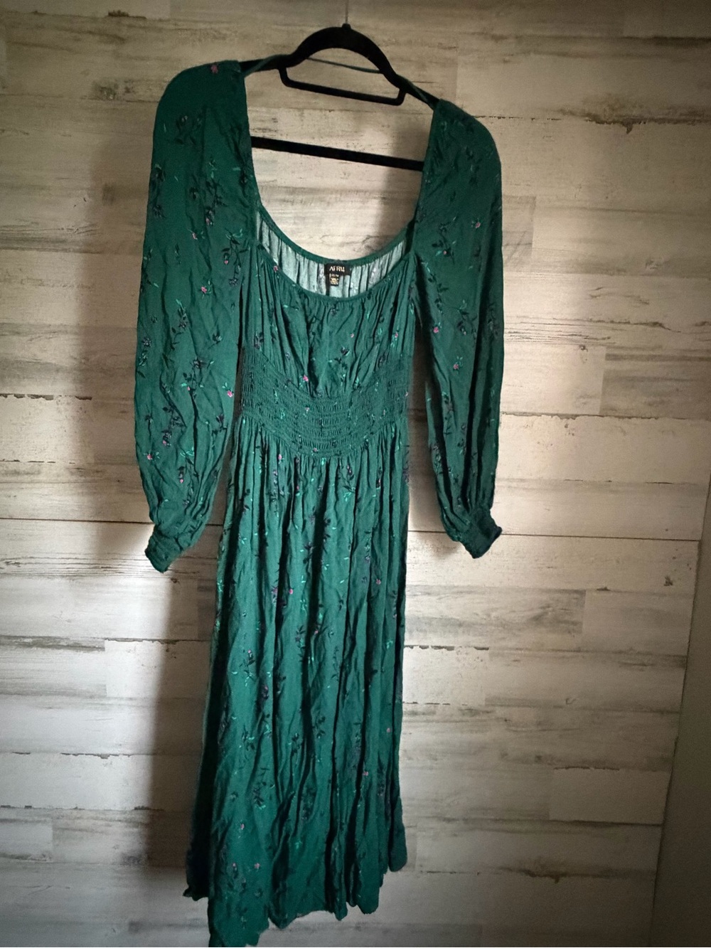 AFRM Emerald Green Long Sleeve Maxi Dress with Subtle Floral Embroidery